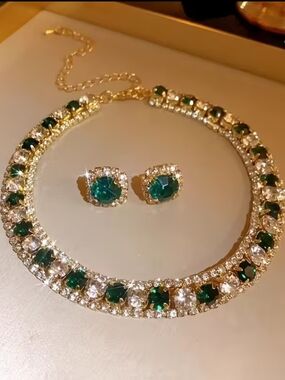 Gold-Tone Emerald & Clear Crystal Necklace and Stud Earrings Set